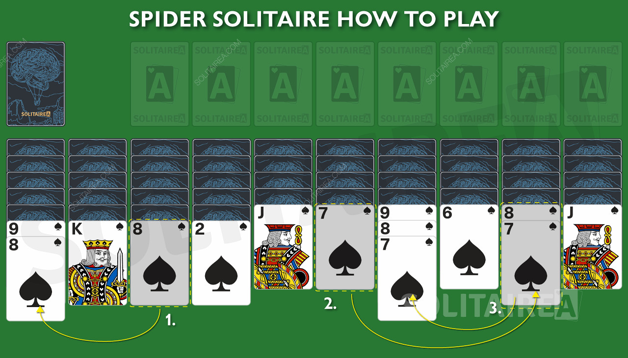 När korten flyttas och sorteras avslöjas nya begravda kort i Spider Solitaire.