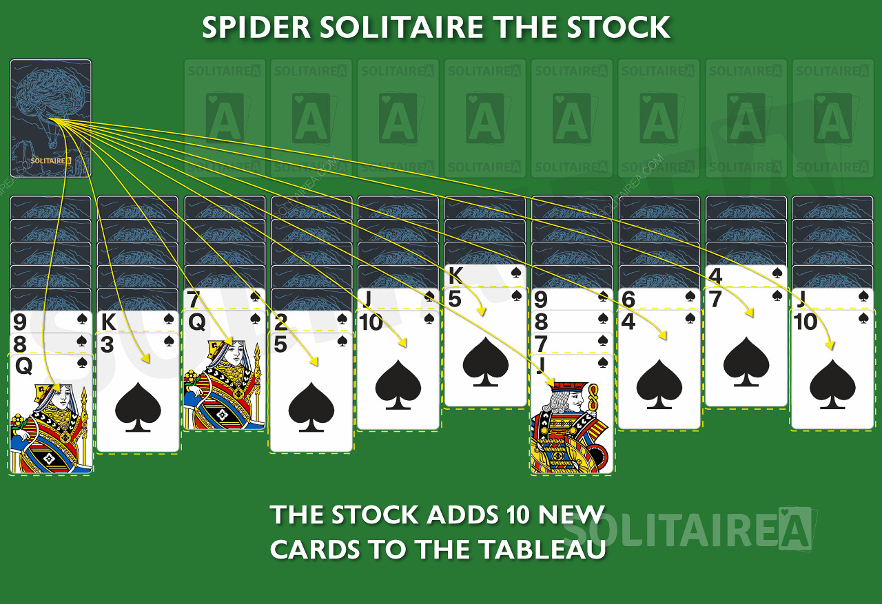 Ett nytt kort läggs till i varje kolumn från Stock in the Spider-spelet.