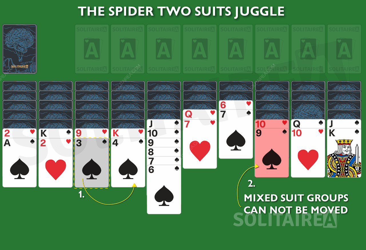 Grupper med blandade färger kan inte flyttas i Spider Solitaire 2 Suits